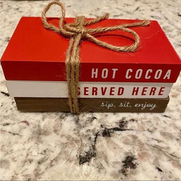 Target BP 2022 Hot Cocoa Bar Wood Book Tabletop Sign 3 Wooden Books with Bow - Picture 2 of 9